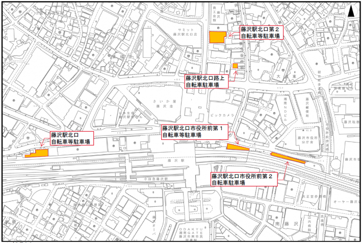 藤沢駅北口周辺市営有料駐輪場位置図